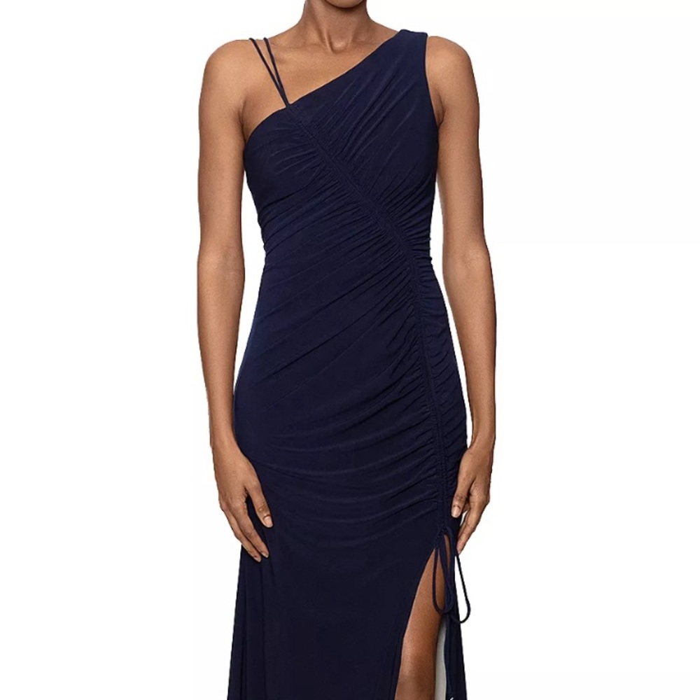 Aqua One-Shoulder Ruched Gown
